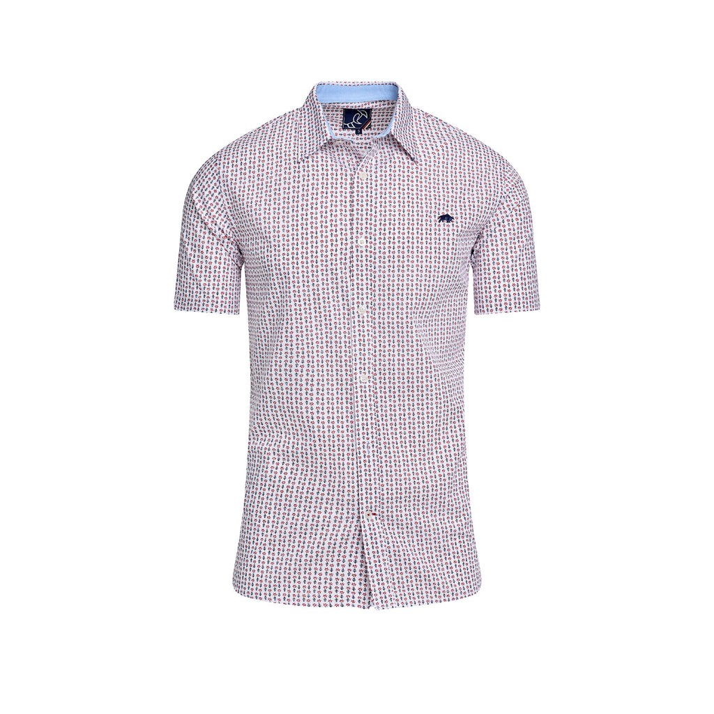 Short Sleeve Flower Geo Cotton Poplin Shirt - White