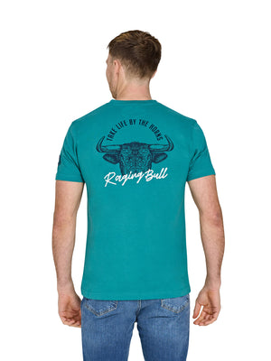 Young Farmers Bull Horns Back Print T-Shirt - Teal