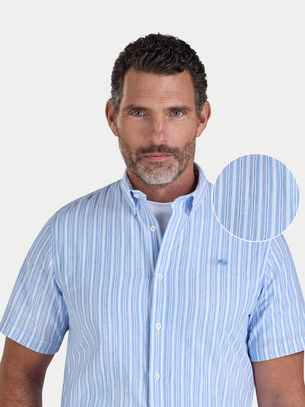 Man wearing Raging Bull Bournemouth Stripe Linen Short Sleeve Shirt in Sky Blue, available in sizes S-6XL, front detail. 