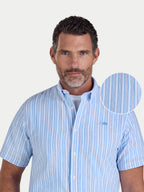 Man wearing Raging Bull Bournemouth Stripe Linen Short Sleeve Shirt in Sky Blue, available in sizes S-6XL, front detail. 