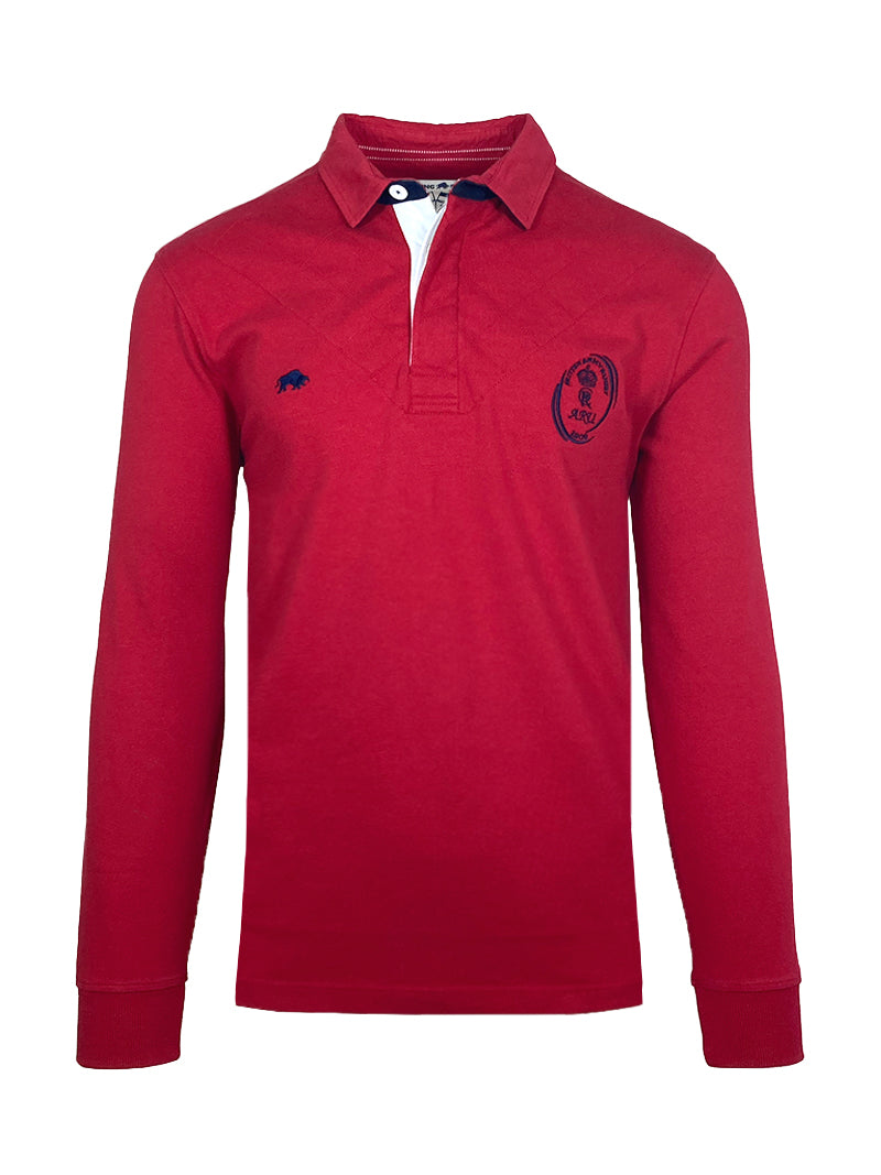 A long sleeve red rugby shirt with the Army Rugby Union logo embroidered on the chest and the Union Jack detail on the collar.