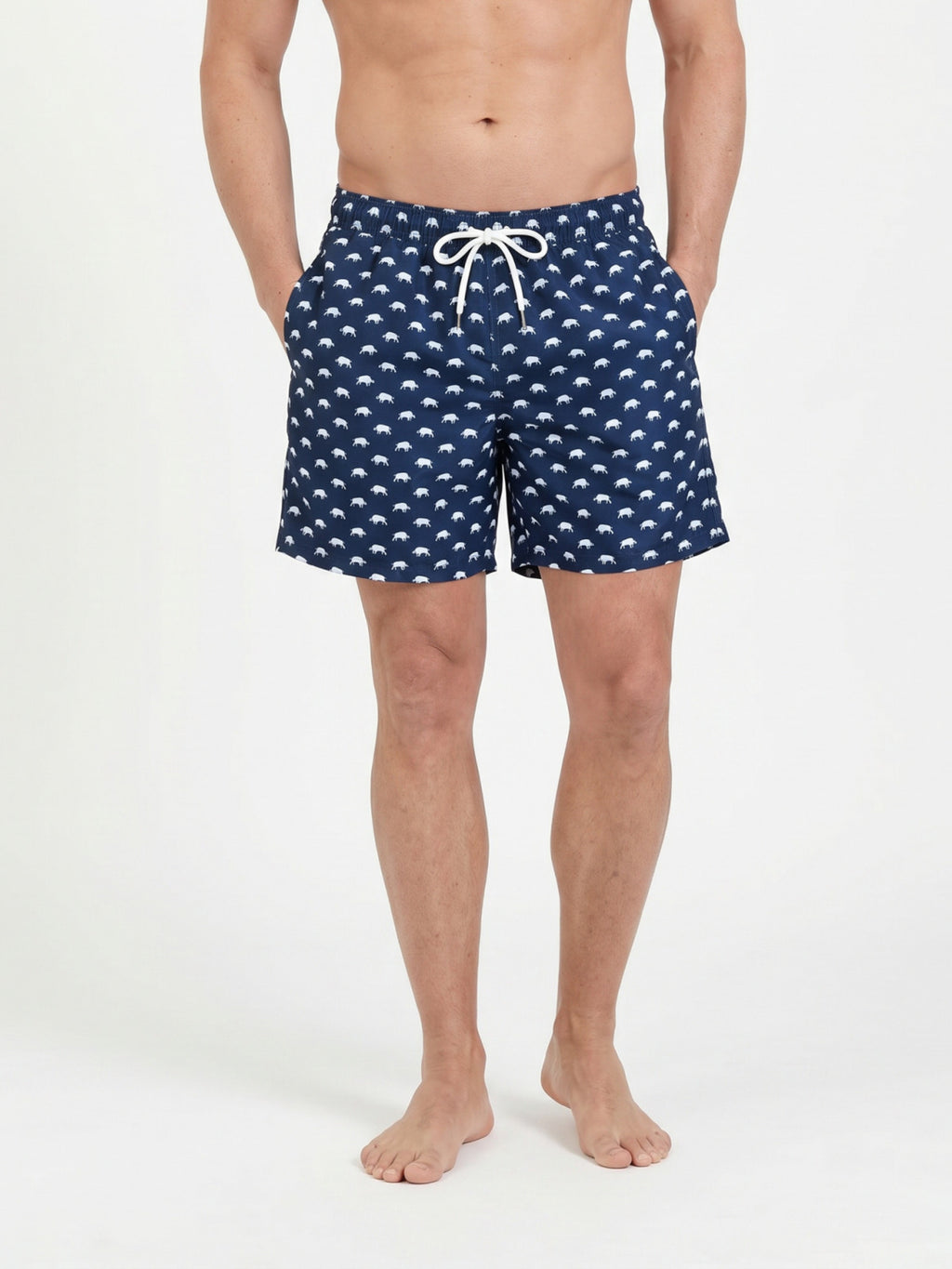 Man wearing Raging Bull Bull print swim shorts navy. 
