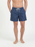 Man wearing Raging Bull Bull print swim shorts navy. 