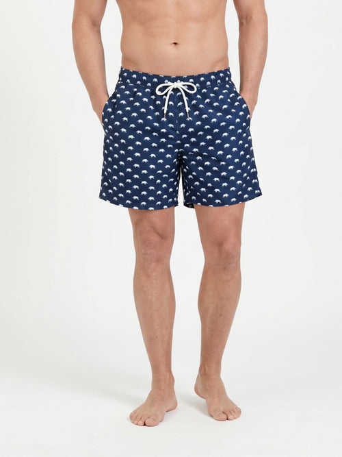 Man wearing Raging Bull Bull print swim shorts navy. 