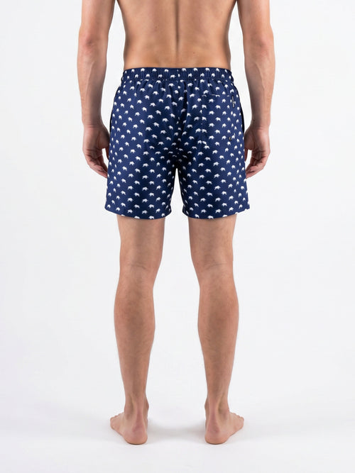 Man wearing Raging Bull Bull print swim shorts navy, back