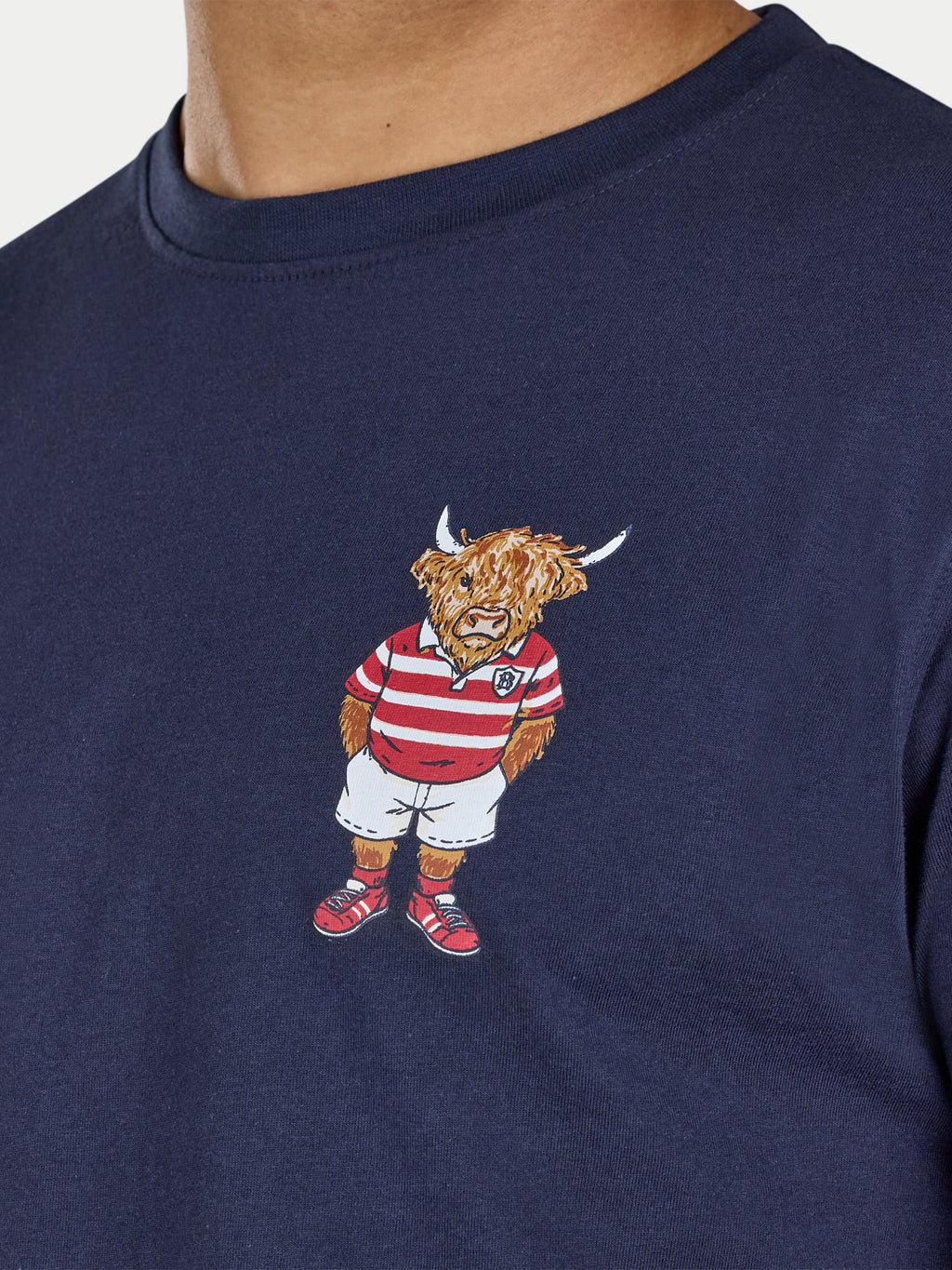 Navy blue t-shirt with a embroidered bull in a red and white striped shirt on a plain background
