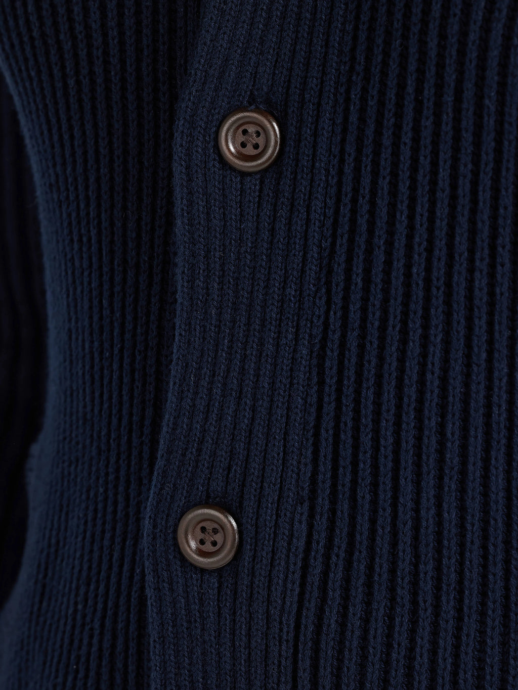 Close-up of a navy blue cardigan with two buttons.