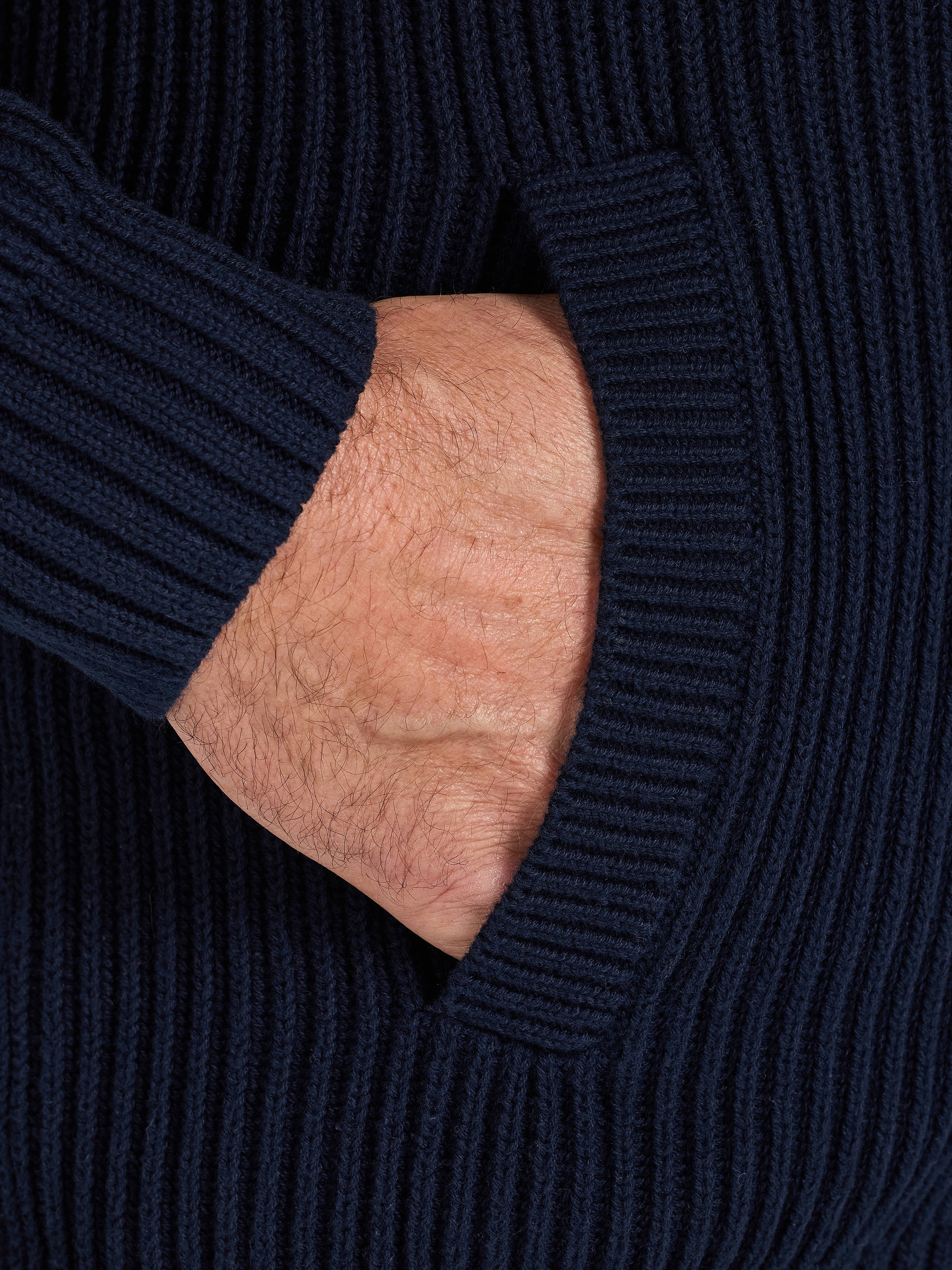 Close-up of a navy blue sweater with a textured collar.