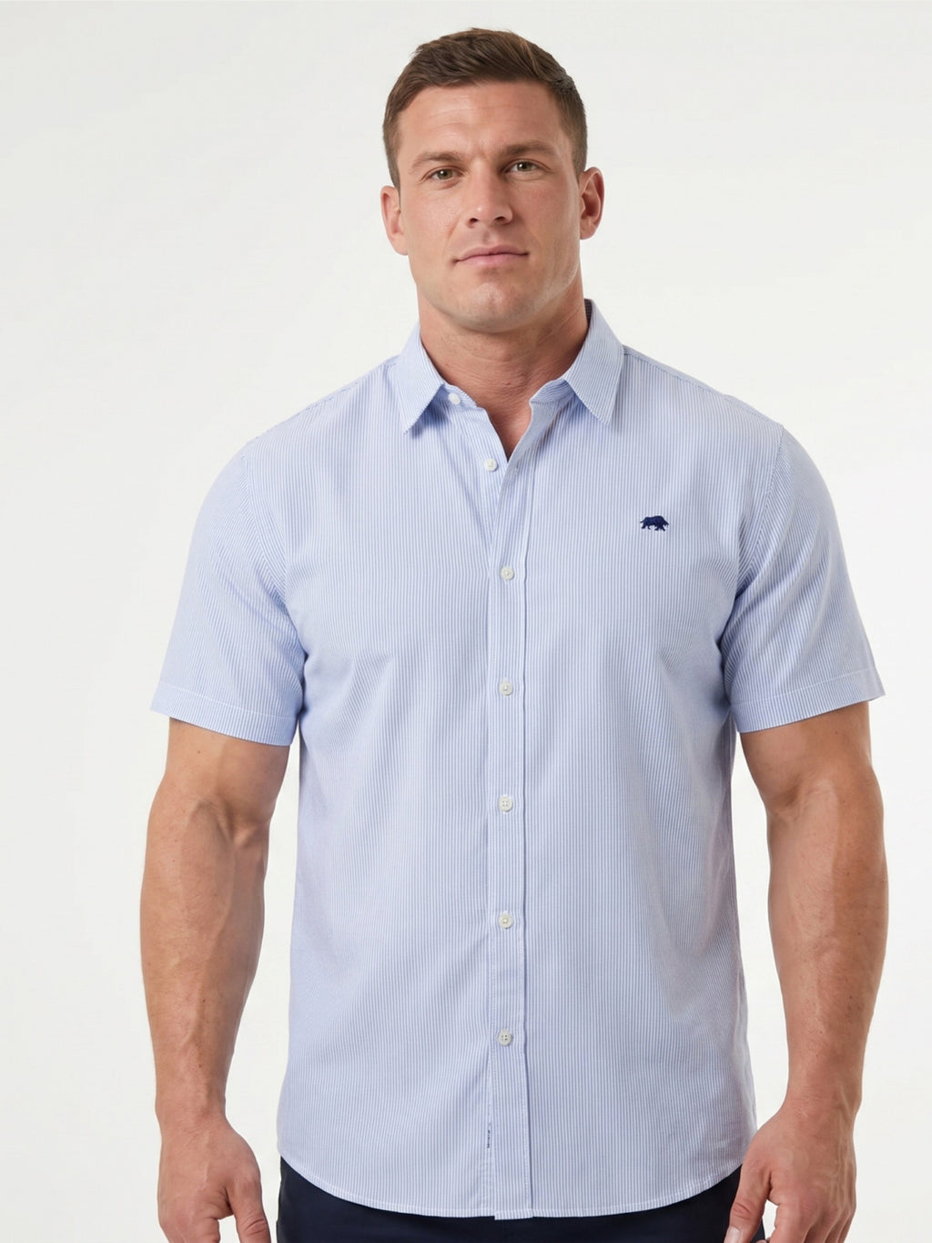 Man wearing Raging Bull Cadet Stripe Short Sleeve Shirt in Navy, available in sizes S-6XL.