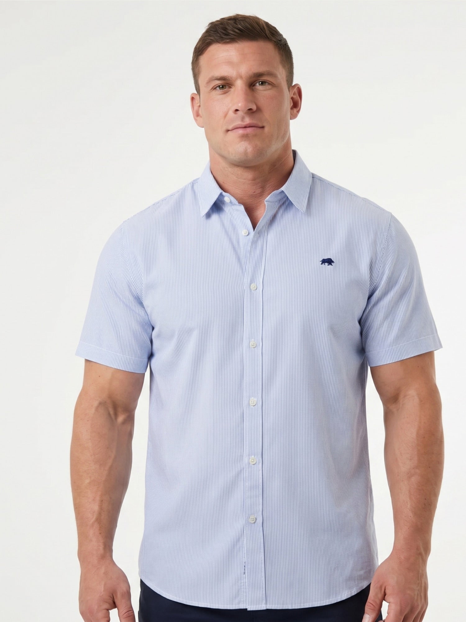 Man wearing Raging Bull Cadet Stripe Short Sleeve Shirt in Navy, available in sizes S-6XL.