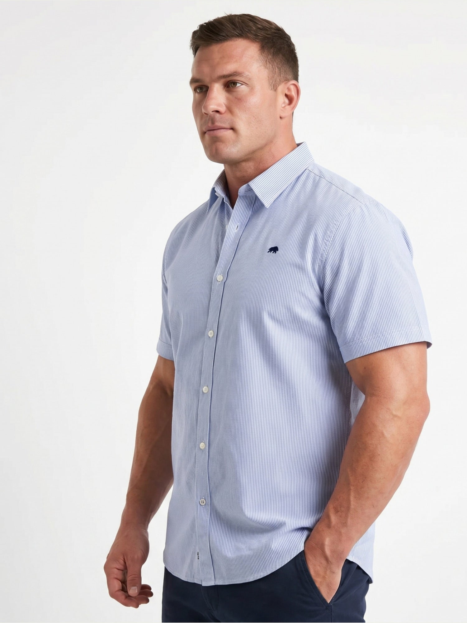 Man wearing Raging Bull Cadet Stripe Short Sleeve Shirt in Navy, available in sizes S-6XL.