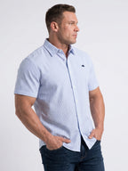 Man wearing Raging Bull Cadet Stripe Short Sleeve Shirt in Navy, available in sizes S-6XL.