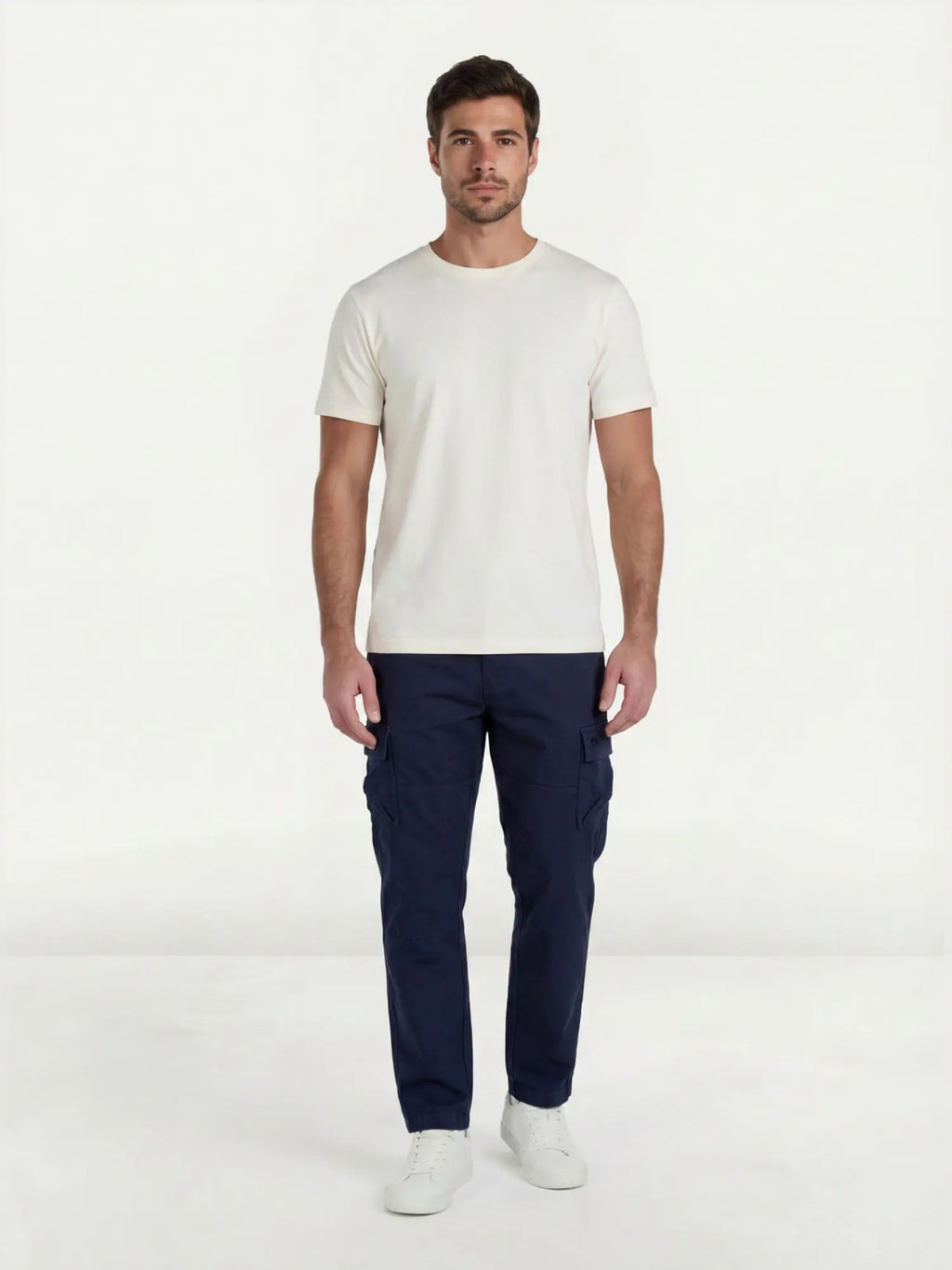 Man wearing Raging Bull Cargo trousers in navy, front. 