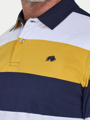 Close-up of a multicolored striped polo shirt with a logo on a white background