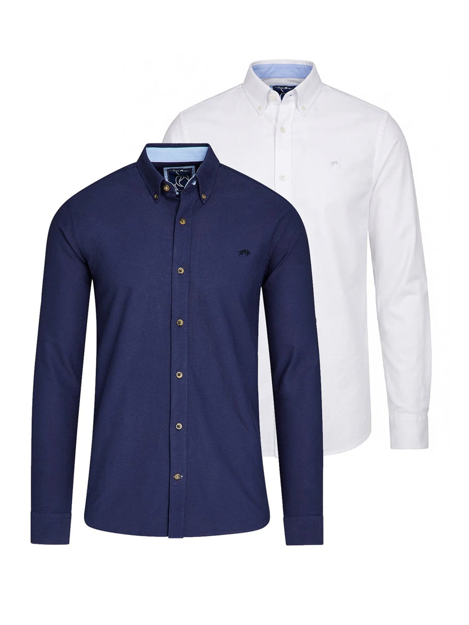Raging Bull Classic 2 Pack Oxford Long Sleeve Shirts in Navy and White, available in sizes S-6XL, front. 