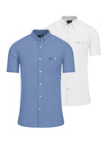 Two short sleeve linen shirts, one in chambray blue and the other in white, from the 'Classic 2 Pack' collection, both with the collar starched and presented in a flat lay.