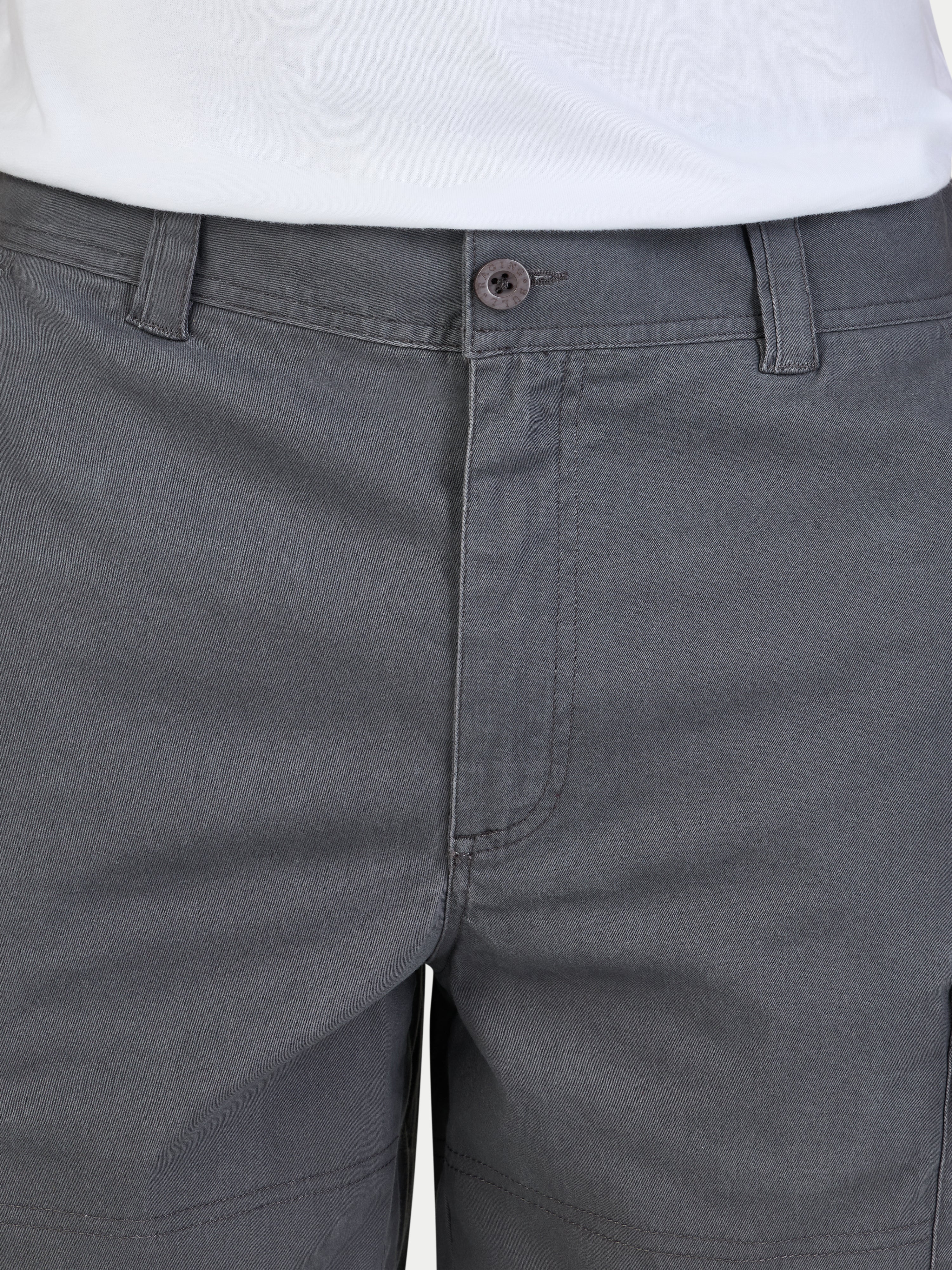 Close-up of gray shorts with a button and waistband detail.