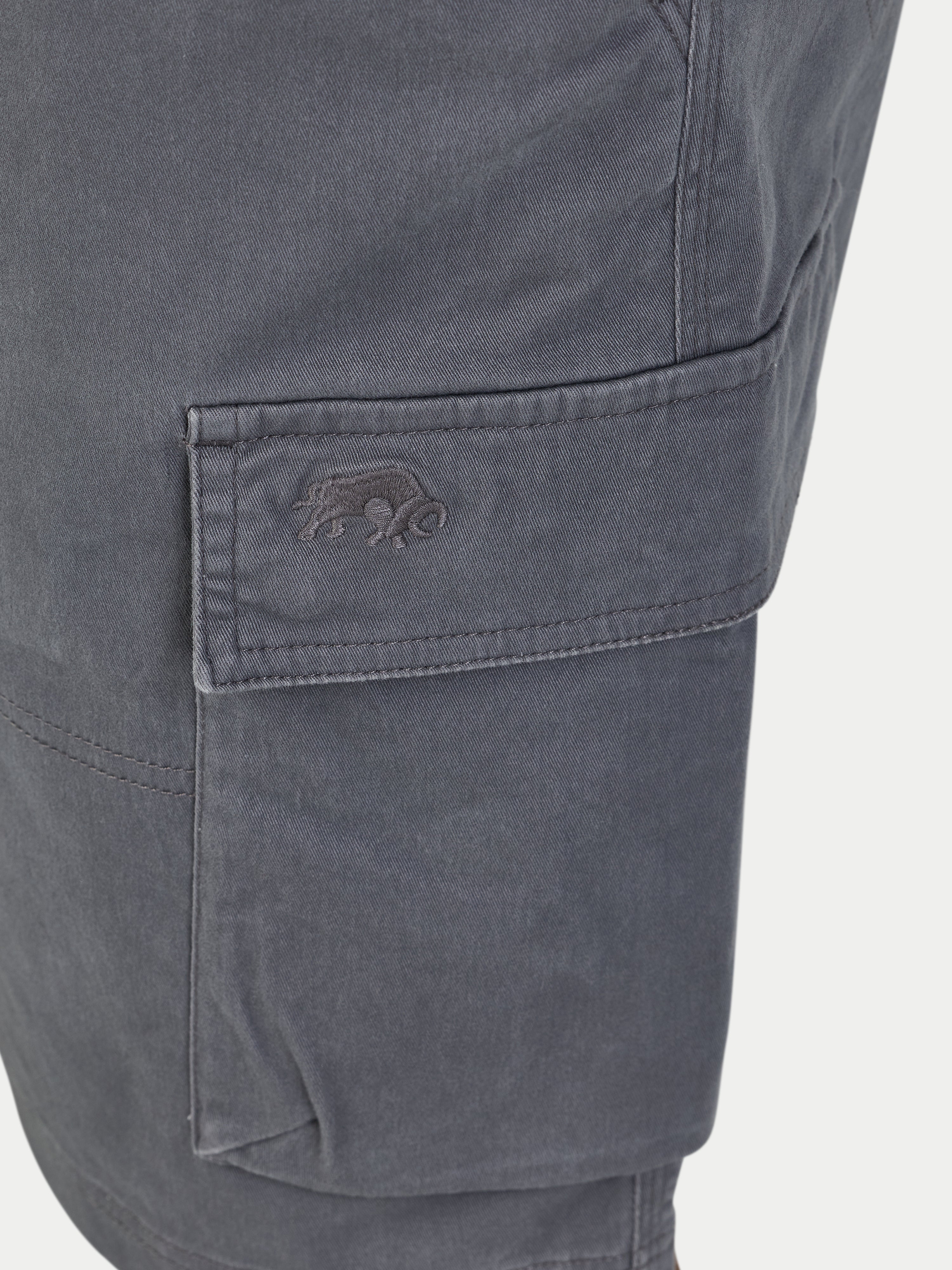 Close-up of a pocket on gray shorts with a logo, on a white background