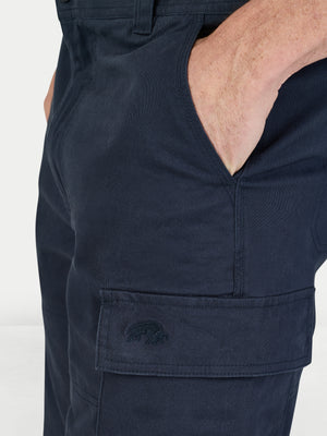 Navy blue cargo shorts with a brand logo on a white background