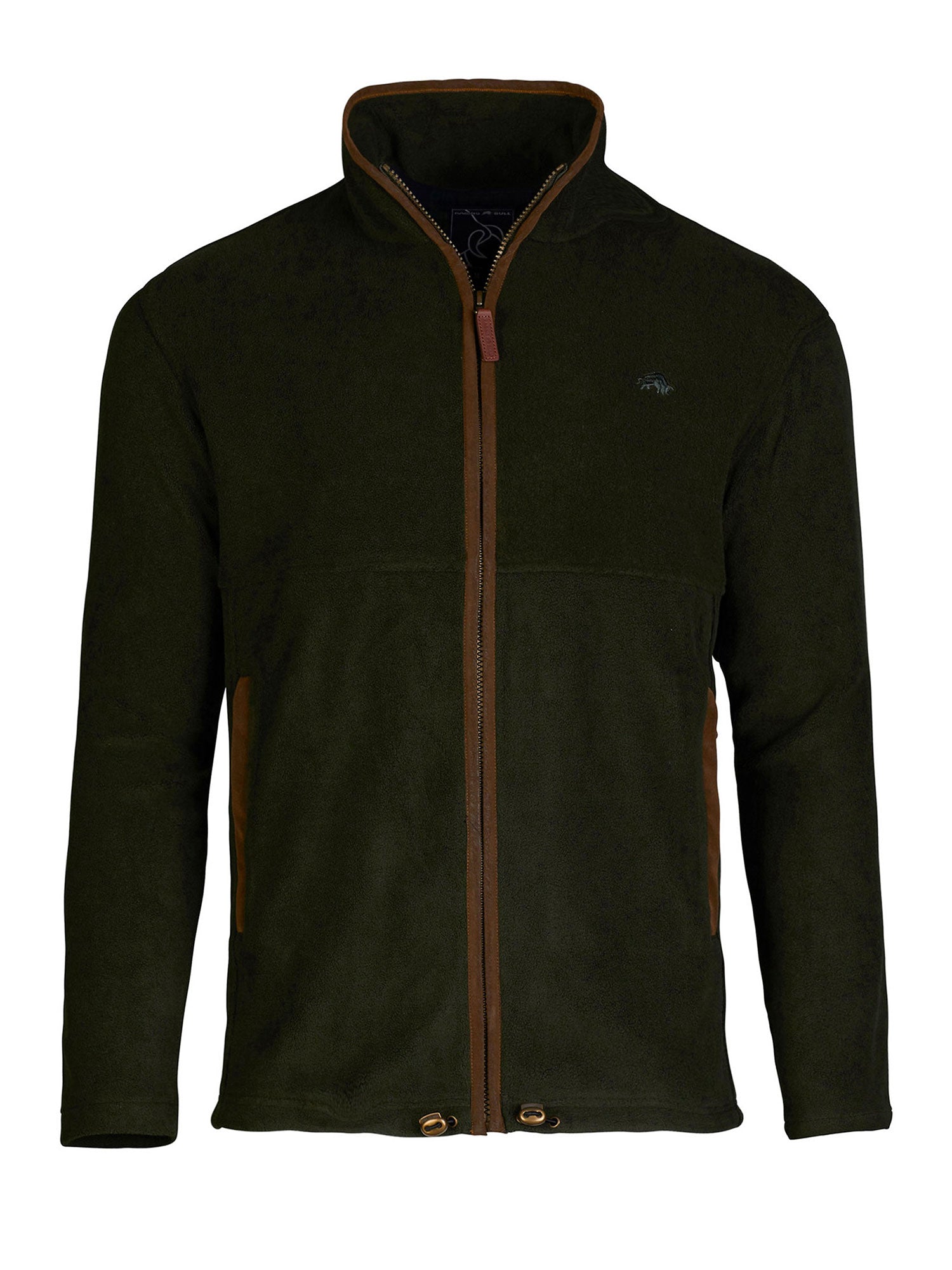 A man wearing a green fleece zip through jacket with a high neck, zip-through front, and contrast-coloured edging.
