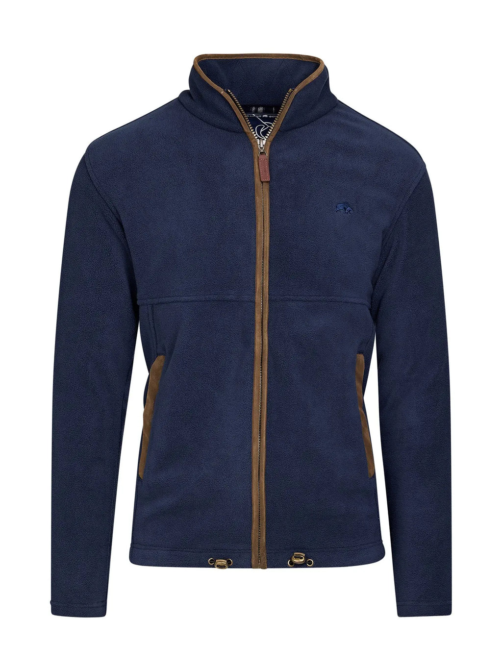 Navy blue fleece zip through jacket with brown trim and an embroidered logo on the chest and collar.