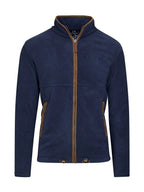 Navy blue fleece zip through jacket with brown trim and an embroidered logo on the chest and collar.