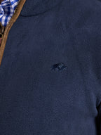 Navy fleece jacket with a small logo on the chest
