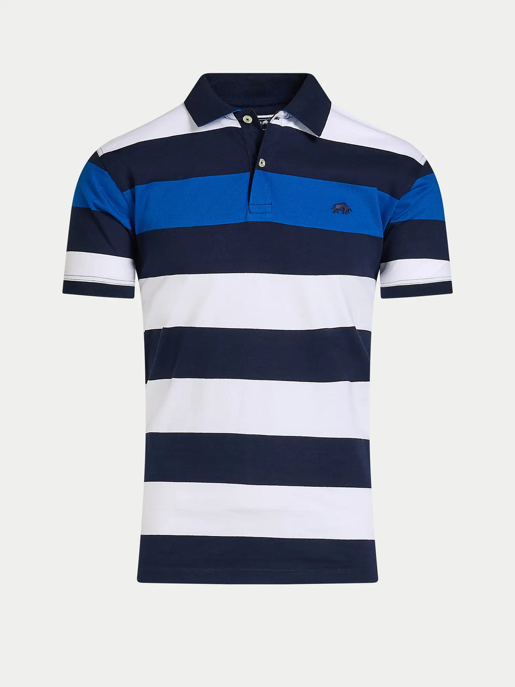 Blue and white striped polo shirt on a light gray background