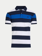 Blue and white striped polo shirt on a light gray background