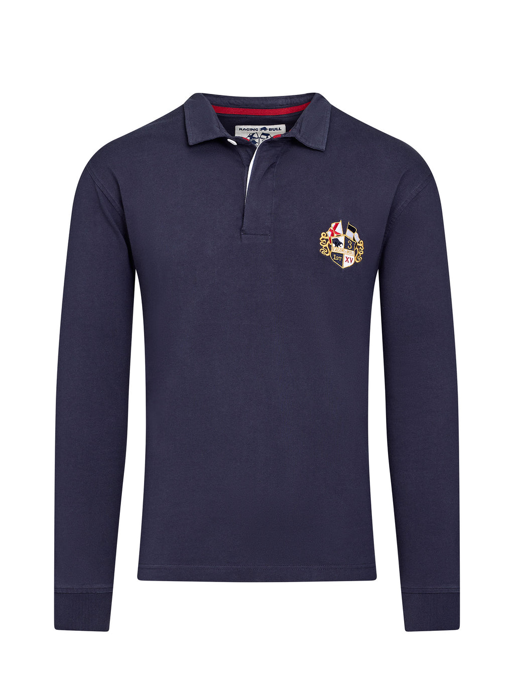 A navy long sleeve rugby shirt with a button-up polo style collar and a small crest embroidery on the chest.