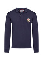A navy long sleeve rugby shirt with a button-up polo style collar and a small crest embroidery on the chest.