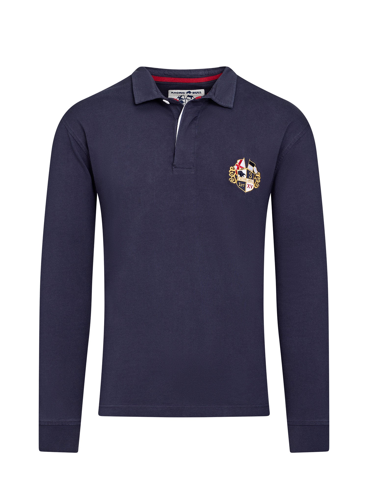 A navy long sleeve rugby shirt with a button-up polo style collar and a small crest embroidery on the chest.