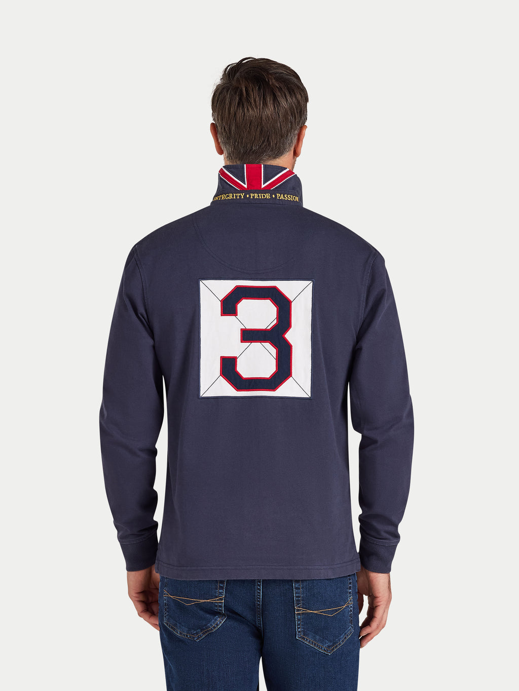 Person wearing a navy long-sleeve shirt with a Union Jack collar and number '3' on the back, on a white background.