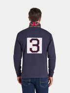 Person wearing a navy long-sleeve shirt with a Union Jack collar and number '3' on the back, on a white background.