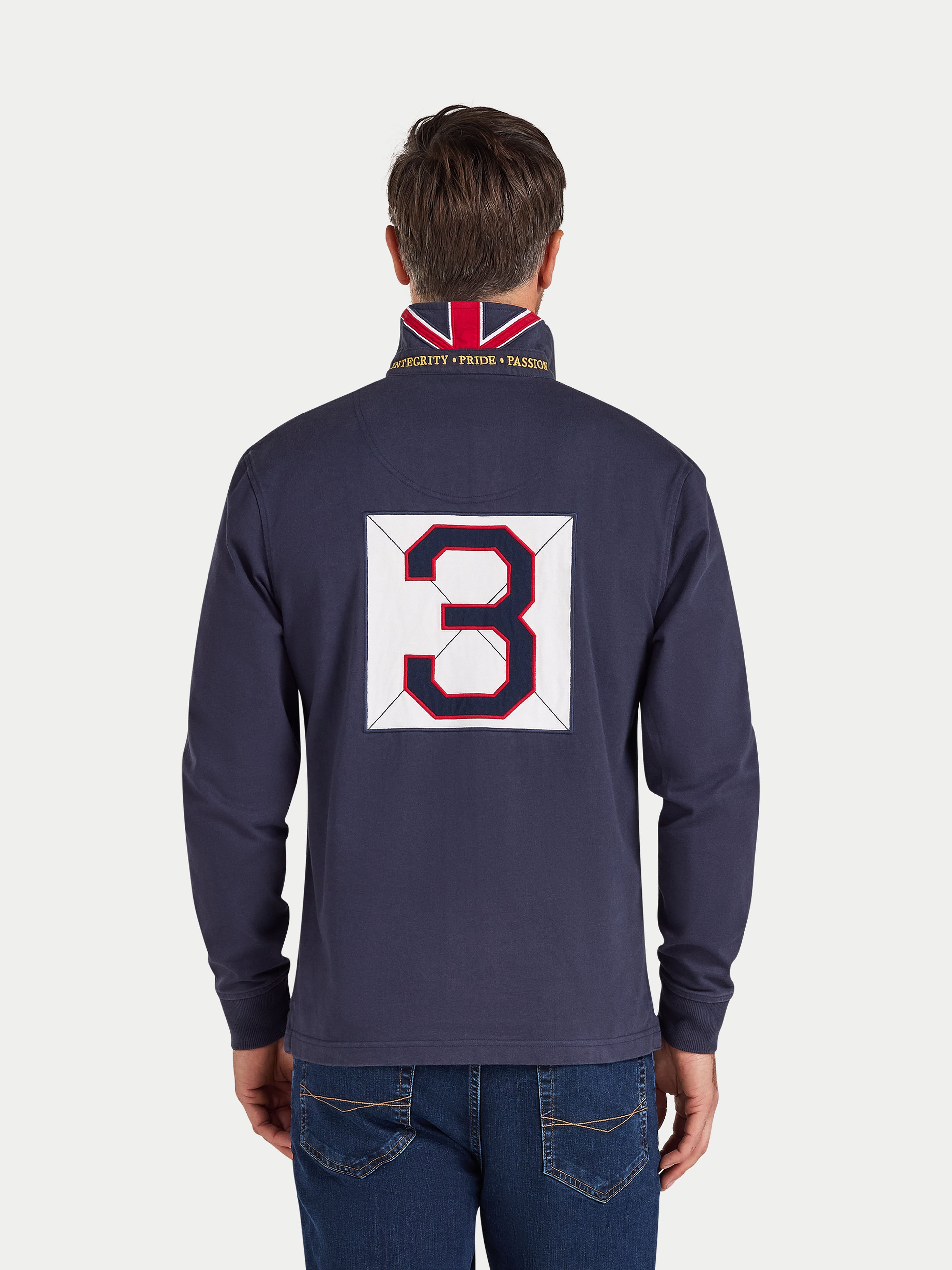 Person wearing a navy long-sleeve shirt with a Union Jack collar and number '3' on the back, on a white background.