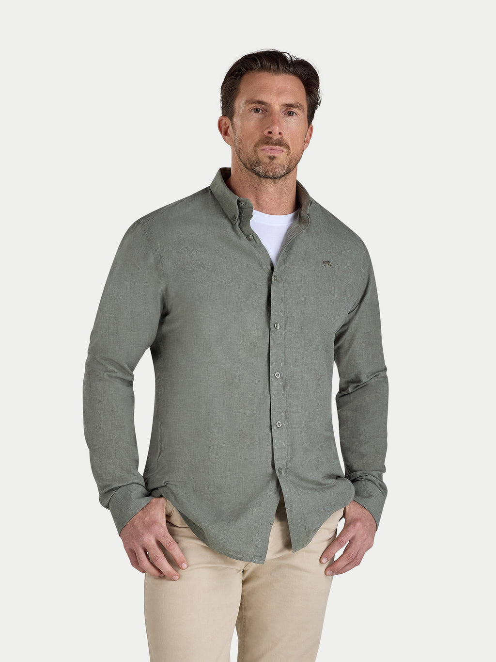 Man wearing Raging Bull Classic Linen Long Sleeve Shirt in Olive, available in sizes S-6XL