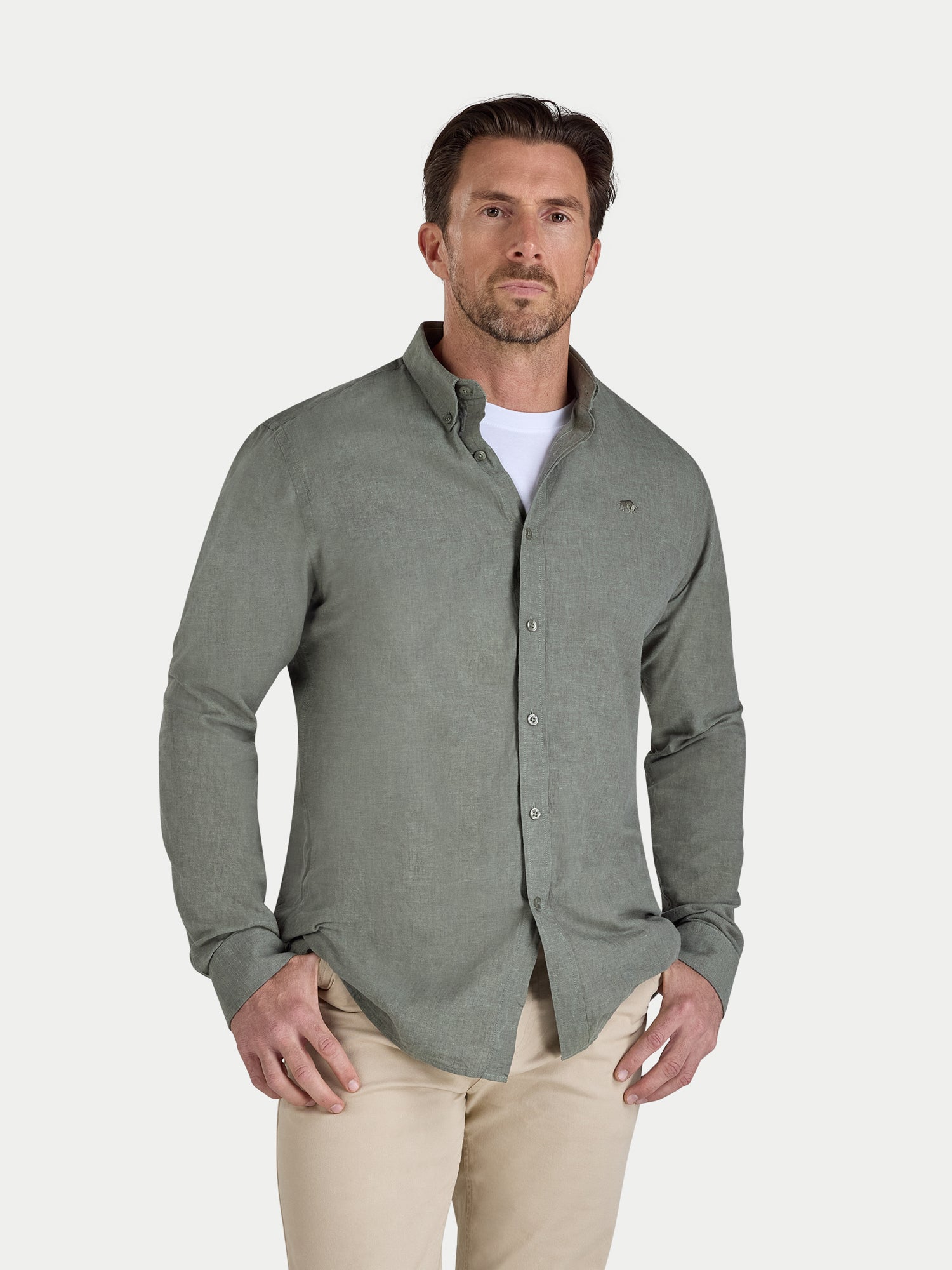 Man wearing Raging Bull Classic Linen Long Sleeve Shirt in Olive, available in sizes S-6XL