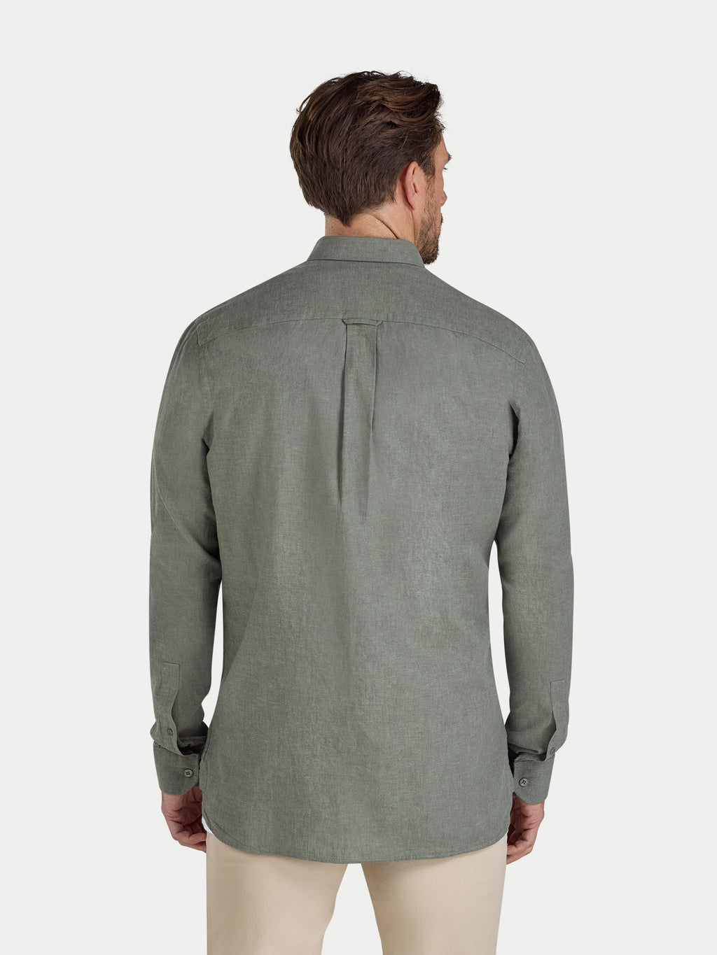 Man wearing Raging Bull Classic Linen Long Sleeve Shirt in Olive, back view, available in sizes S-6XL