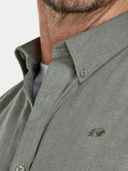 Man wearing Raging Bull Classic Linen Long Sleeve Shirt in Olive, collar detail, available in sizes S-6XL