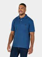 Man wearing a blue polo shirt on a white background