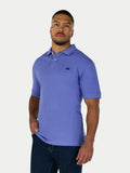 Man wearing a purple polo shirt on a white background