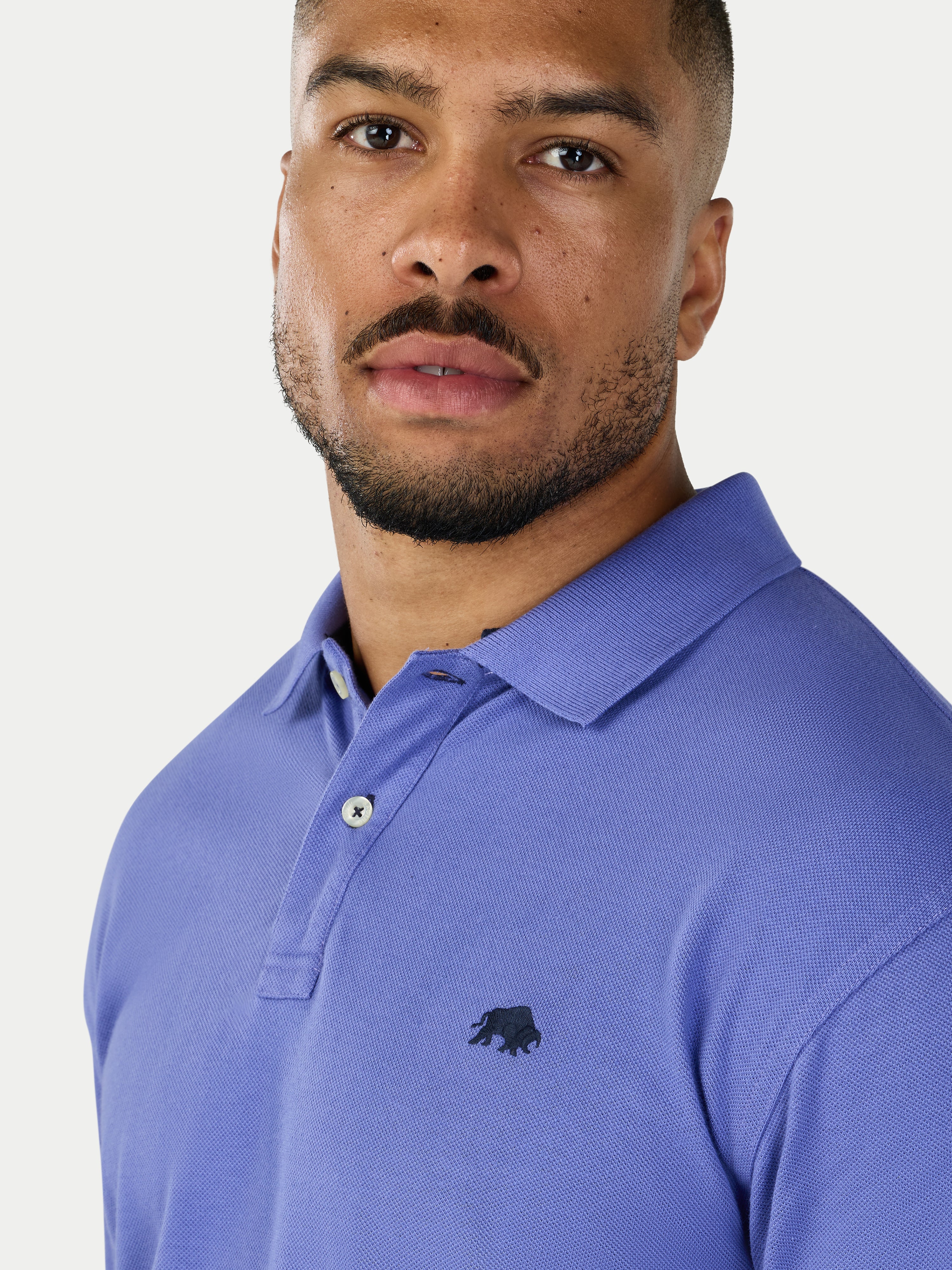 Man wearing a blue polo shirt with a logo on a light gray background