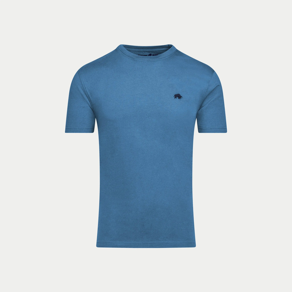 Raging Bull Classic Organic T-Shirt in denim blue, lay flat front. 