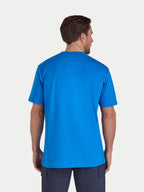 Man wearing a blue t-shirt on a white background