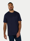 Man wearing a navy blue t-shirt on a white background