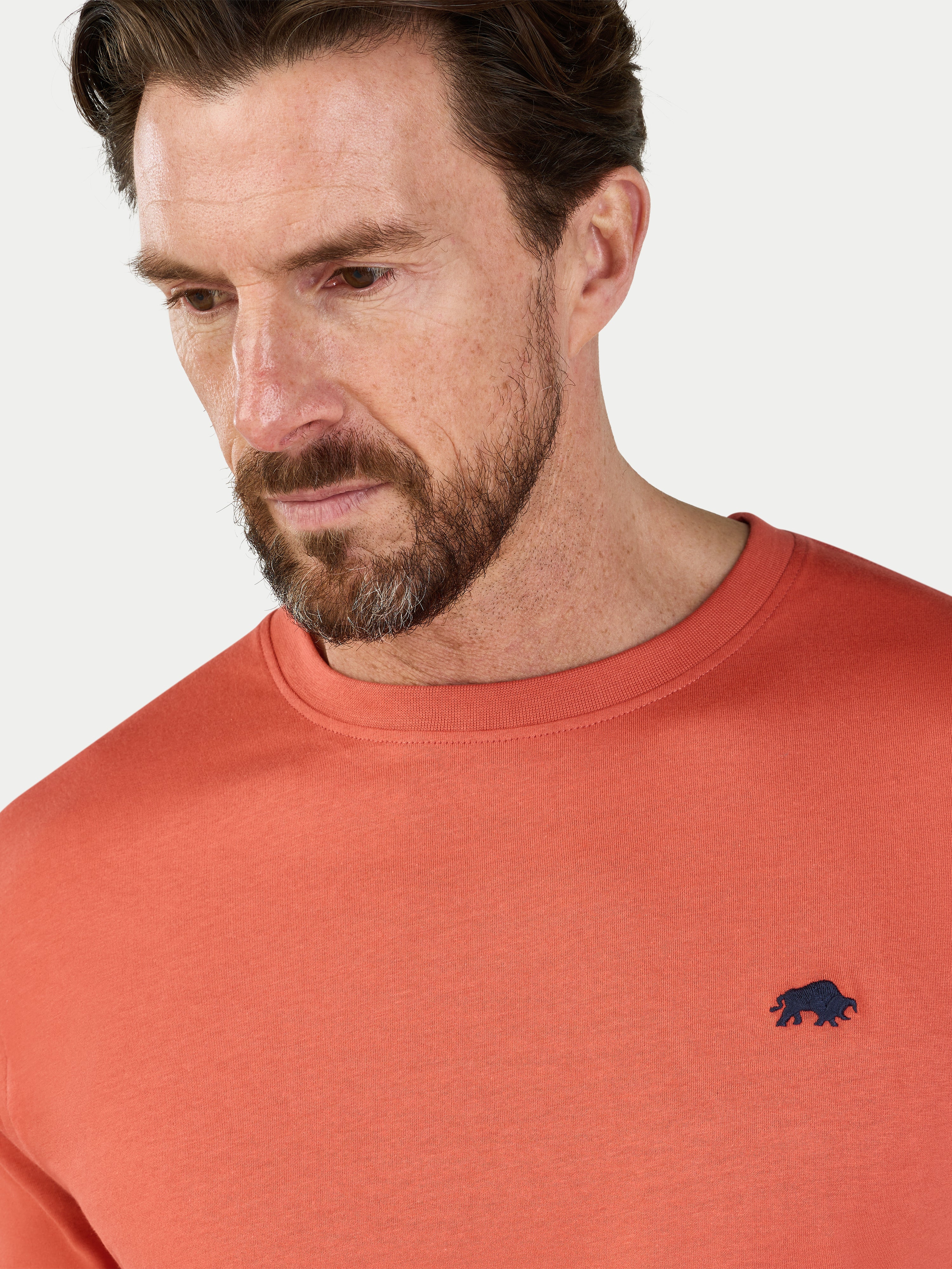 Man wearing an orange sweatshirt with a logo on a white background