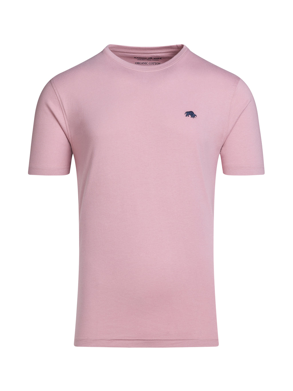 Pink classic t-shirt with a small Raging Bull logo on the chest in front of a white background. 