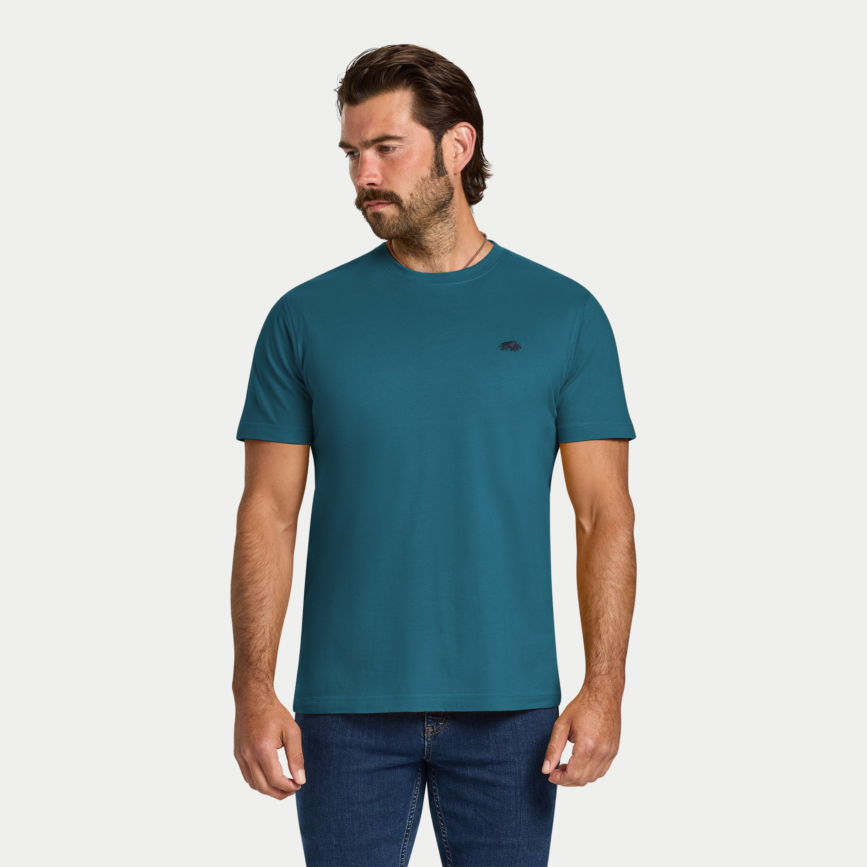 Man wearing a teal t-shirt on a white background