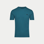 Teal t-shirt with a small logo on a light gray background