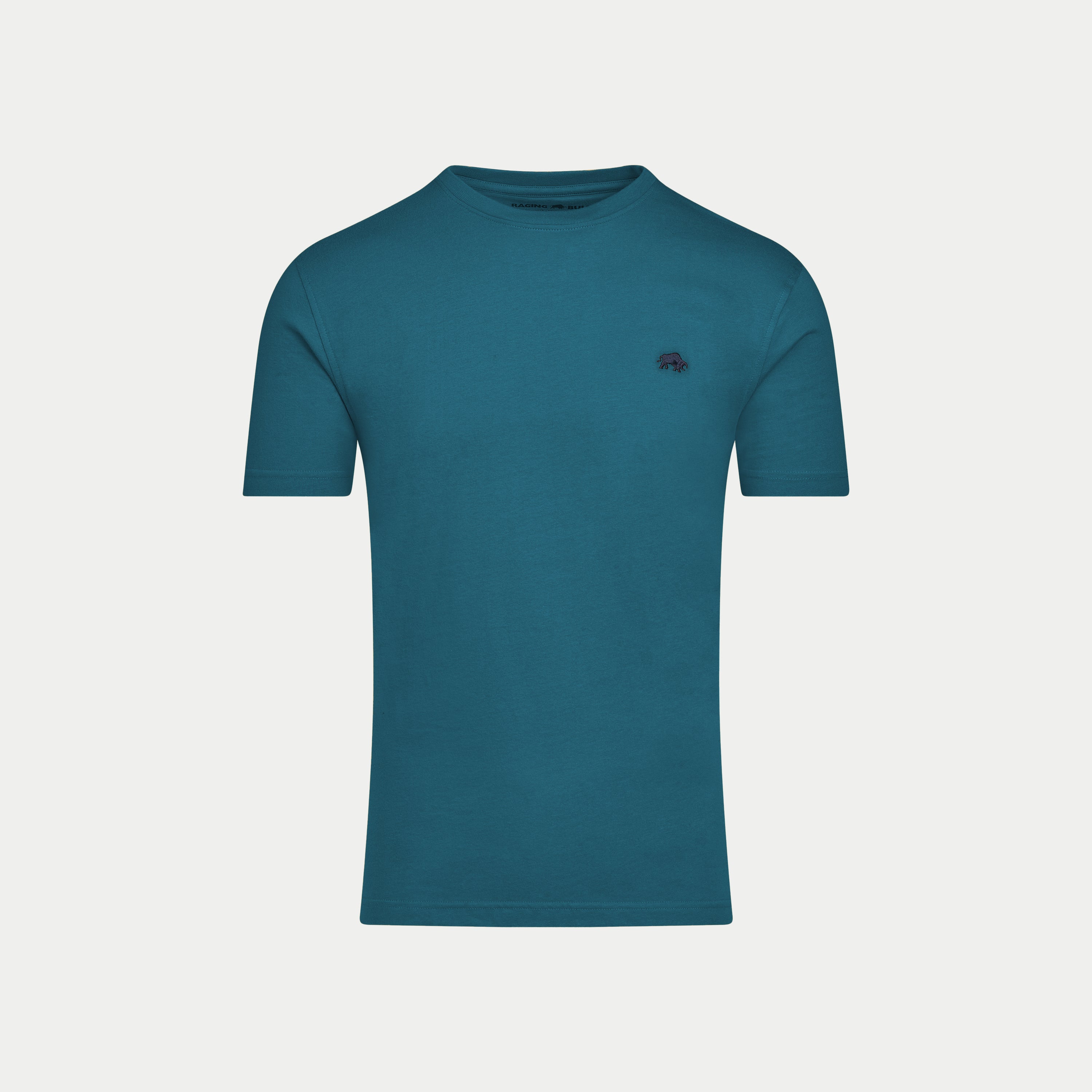 Teal t-shirt with a small logo on a light gray background